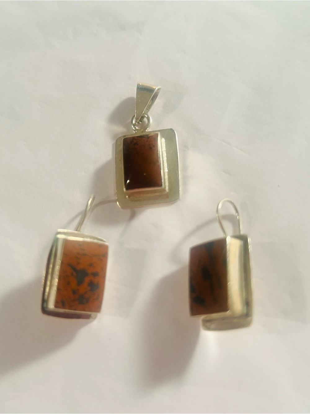 Sterling Silver Brown Jasper Rectangular Pendant and Earrings